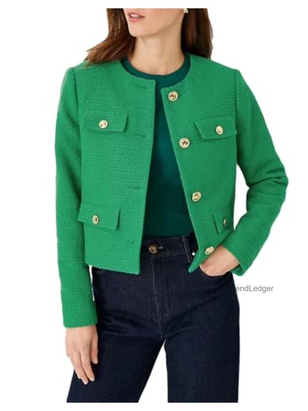 Cropped Tweed Blazer Jacket Collarless Button Down Business Casual